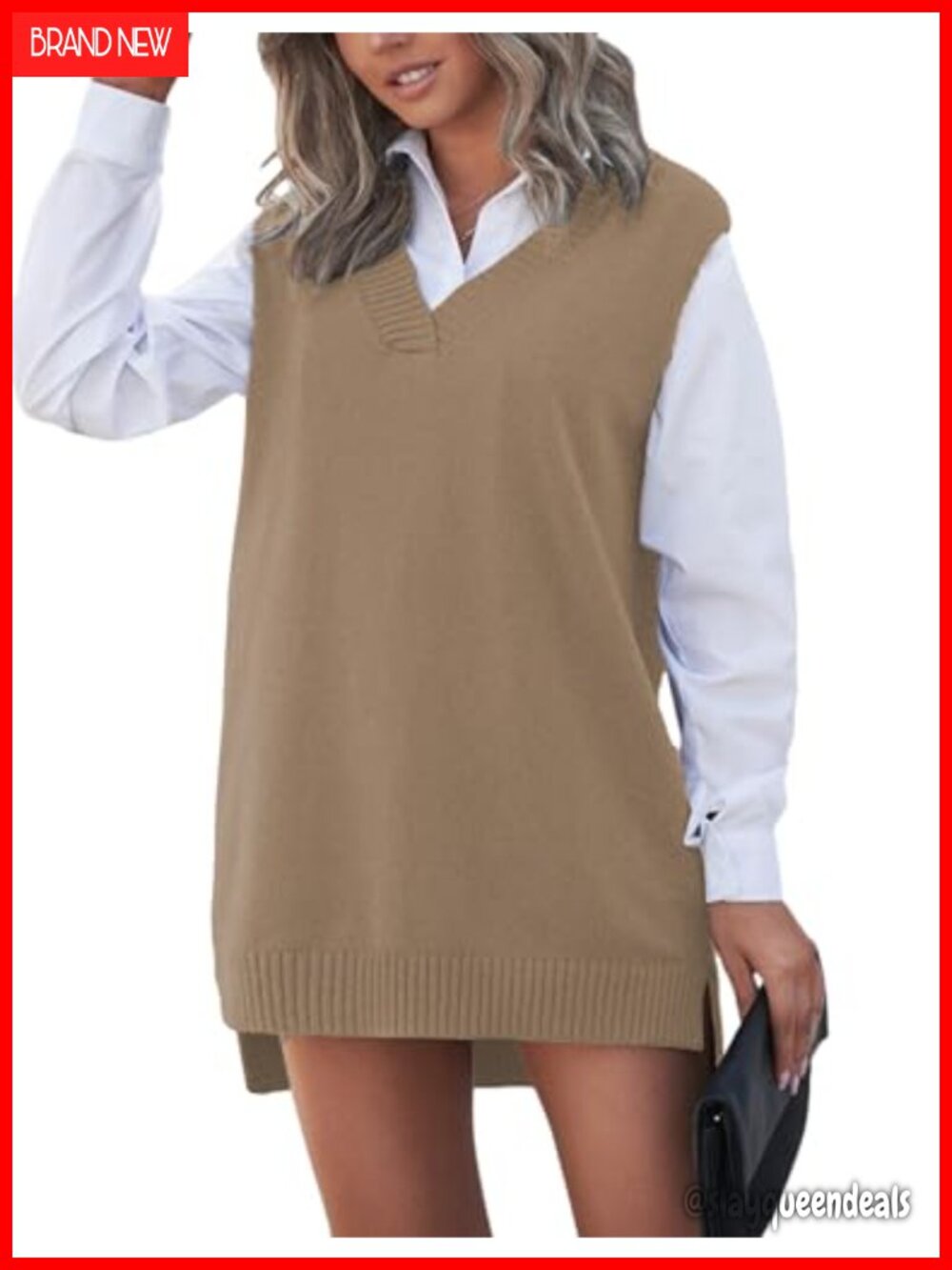 Oversized Knit V-Neck Sweater Vest Tunic Long Sleeveless Pullover Top